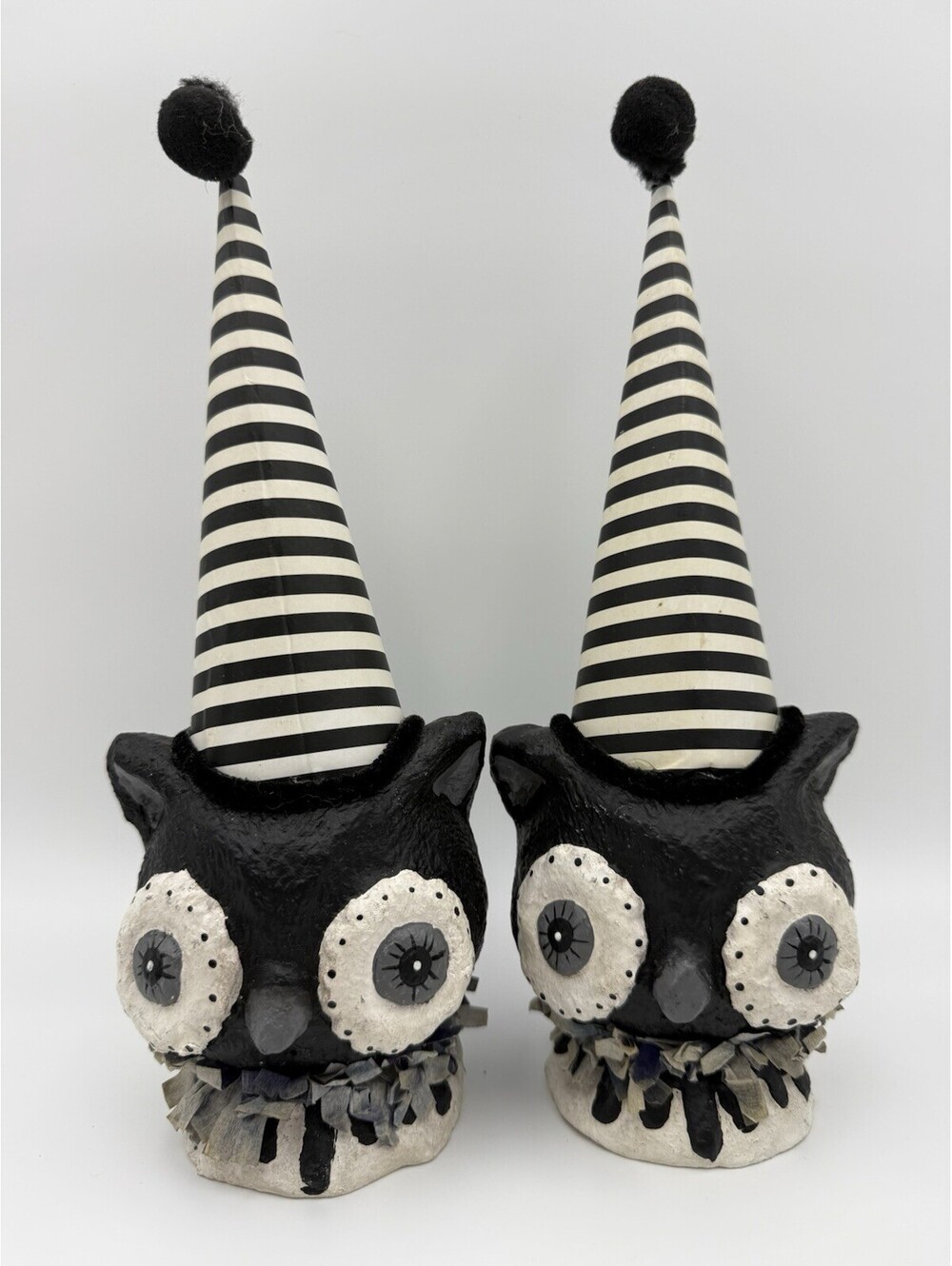 Black Striped Folk Art Owl Paper Mache Halloween Decor Party Hat 12" Lot Of 2